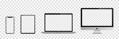 MAGELANG, INDONESIA - JULY 6, 2021: Set mockup computer, laptop, tablet, smartphone. Realistic isolated vector templates Apple devices. Vector illustration