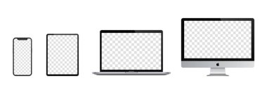 MAGELANG, INDONESIA - JULY 6, 2021: Set mockup computer, laptop, tablet, smartphone. Realistic isolated vector templates Apple devices. Vector illustration