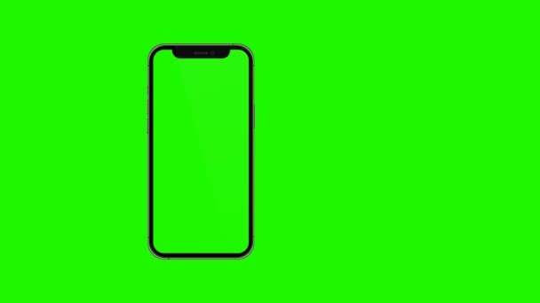 带有空白绿色屏幕的手机 前视镜 白色背景隔离 4K动画 用于在模拟屏幕上演示 — 图库视频影像