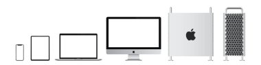 Apple Inc. 'in gerçekçi Mac pro, imac, macbook, ipad, iphone seti.
