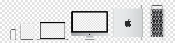 Conjunto Realista Mac Pro Imac Macbook Ipad Iphone Apple Inc — Archivo Imágenes Vectoriales