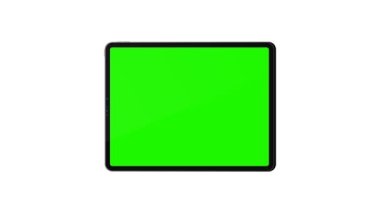 Yeşil ekranlı tablet bilgisayar modeli, ön görüş, beyaz arkaplanda izole edilmiş. 4K canlandırması