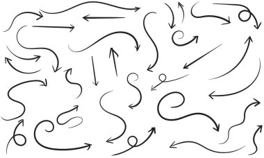 El çizilmiş vektör eğimli oklar kümesi. Çizim stili. İşaretçi koleksiyonu. Vektör illüstrasyonu