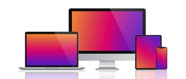 Vektör minimalist 3d illüstrasyon aygıtı. Gerçekçi akıllı telefon, dizüstü bilgisayar, tablet, monitör. Grafik sunumları için izole edilmiş cihaz ekranı