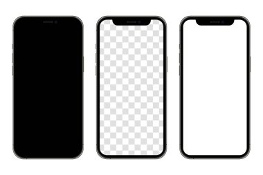 Gerçekçi akıllı telefon modelleme seti. Cep telefonu boş, beyaz, şeffaf ekran tasarımı. Modern dijital cihaz şablonu. Cep telefonu ekran ön görünümü maketi. Siyah çerçeve. İzole vektör illüstrasyonu