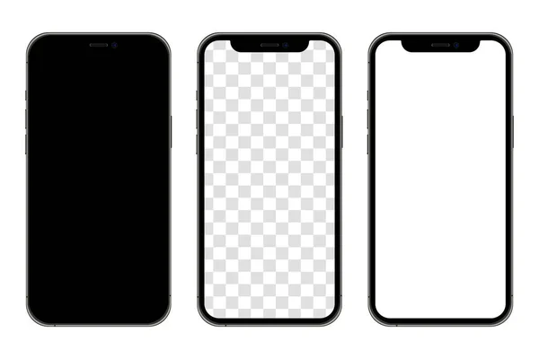 Gerçekçi akıllı telefon modelleme seti. Cep telefonu boş, beyaz, şeffaf ekran tasarımı. Modern dijital cihaz şablonu. Cep telefonu ekran ön görünümü maketi. Siyah çerçeve. İzole vektör illüstrasyonu