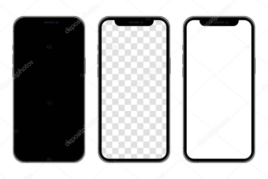 Realistic smartphone mockup set. Mobile phone blank, white, transparent screen design. Modern digital device template. Cellphone display front view mock up. Black frame. Isolated vector illustration