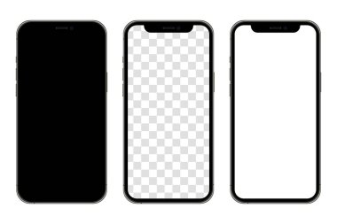 Gerçekçi akıllı telefon modelleme seti. Cep telefonu boş, beyaz, şeffaf ekran tasarımı. Modern dijital cihaz şablonu. Cep telefonu ekran ön görünümü maketi. Siyah çerçeve. İzole vektör illüstrasyonu