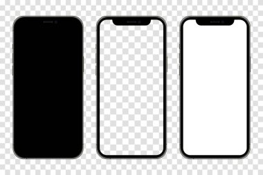 Gerçekçi akıllı telefon modelleme seti. Cep telefonu boş, beyaz, şeffaf ekran tasarımı. Modern dijital cihaz şablonu. Cep telefonu ekran ön görünümü maketi. Siyah çerçeve. İzole vektör illüstrasyonu