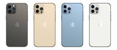 Magelang, Endonezya - 20 Eylül 2021. Yeni iPhone 13 Pro dört renkli: Graphite, Gold, Sierra Blue ve Silver. EPS 10. Vektör illüstrasyonu