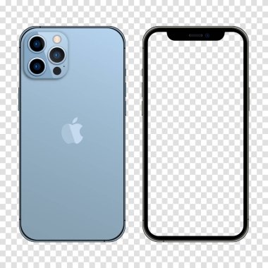 Yeni çıkan iPhone 13 maksimum Sierra Blue rengi. Gerçekçi bir akıllı telefon modeli. Sunum şablonu için Aygıt UI UX modeli