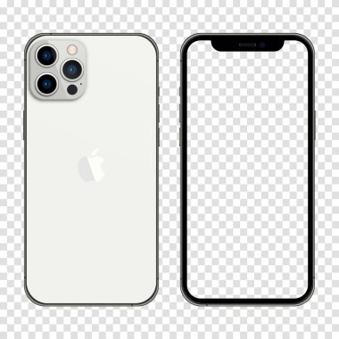 Yeni çıkan iPhone 13 maksimum gümüş rengi. Gerçekçi bir akıllı telefon modeli. Sunum şablonu için Aygıt UI UX modeli