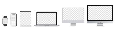 Aygıt ekranları modelleme yapar. Monitör (klasik ve NEW), dizüstü bilgisayar inceliği, tablet profesyoneli, akıllı telefon ve sizin için boş ekranlı saat. Gerçekçi vektör illüstrasyonu