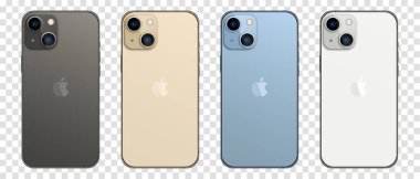 Magelang, Endonezya - 27 Eylül 2021. iPhone 13 'ün dört renkli koleksiyonu (Graphite, Gold, Sierra Blue, ve Silver). Ekran iPhone 'unu ve arka taraf iphone' unu çalıştır