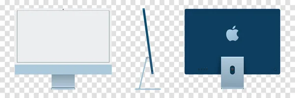 iMac 24 inç kişisel bilgisayar Apple Bilgisayarları tarafından yapıldı, şeffaf arka planda izole edildi. Ön, arka ve yan görüntüler. Vektör illüstrasyonu