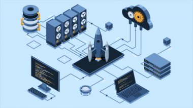 Isometric iş kurma animasyonu. Girişim ekibi bilgisayar ve sunucu ile roket fırlatıyor. Projeni başlat. Fırlatma konsepti. 4K video eşölçülü olarak canlandırıldı