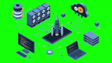 Isometric iş kurma animasyonu. Girişim ekibi bilgisayar ve sunucu ile roket fırlatıyor. Projeni başlat. Fırlatma konsepti. 4K video eşölçülü olarak canlandırıldı