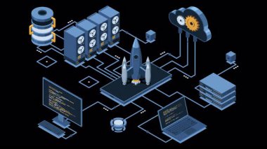 Isometric iş kurma animasyonu. Girişim ekibi bilgisayar ve sunucu ile roket fırlatıyor. Projeni başlat. Fırlatma konsepti. Alfa kanalı ile şeffaf arkaplan