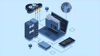 Laptop animasyonlu Isometric bulut doğrulama sistemi. Bulut teknolojisi bilgisayar konsepti. Bulut veritabanı. İnternet veri servisleri. 4K video eşölçülü olarak canlandırıldı