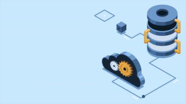 İzometrik bulut veritabanı animasyonu. Bulut sunuculu veritabanı. Bulut deposu. Veri iletim teknolojisi. Isometric teknolojisi. 4K video eşölçülü olarak canlandırıldı