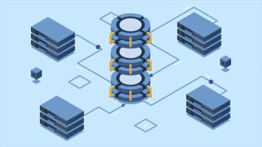 İzometrik bulut veritabanı animasyonu. Bulut sunuculu veritabanı. Bulut deposu. Veri iletim teknolojisi. Isometric teknolojisi. 4K video eşölçülü olarak canlandırıldı