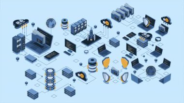 Isometric veri ağı yönetim animasyonu. Bulut depolama verileri ve aygıtların senkronizasyonu. Ağ, veri tabanı, bulut depolama. Isometric teknolojisi. 4K video eşölçülü olarak canlandırıldı