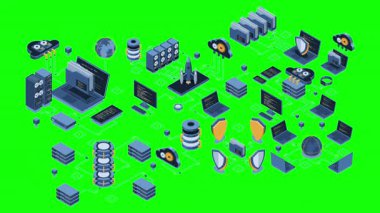 Isometric veri ağı yönetim animasyonu. Bulut depolama verileri ve aygıtların senkronizasyonu. Ağ, veri tabanı, bulut depolama. Isometric teknolojisi. 4K video eşölçülü olarak canlandırıldı