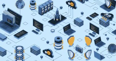 Isometric veri ağı yönetim animasyonu. Bulut depolama verileri ve aygıtların senkronizasyonu. Ağ, veri tabanı, bulut depolama. Isometric teknolojisi. 4K video eşölçülü olarak canlandırıldı