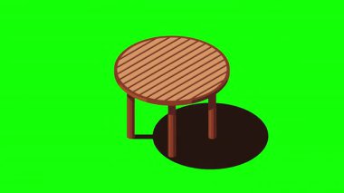 Isometric yuvarlak masa animasyonu. Tahta yuvarlak masa. Isome bahçe mobilyaları. Isometric mobilya. 4K video eşölçülü olarak canlandırıldı