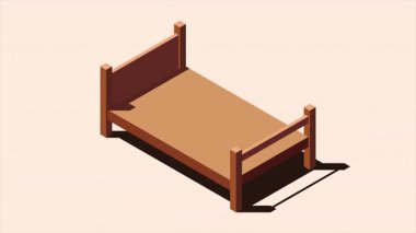 Isome tahta yatak animasyonu. 3 boyutlu izometrik yatak. Tahta yatak çerçevesi. Isometric yatak odası mobilyası. Isometric mobilya. 4K video eşölçülü olarak canlandırıldı