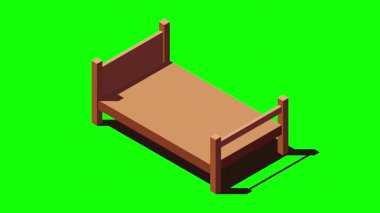 Isome tahta yatak animasyonu. 3 boyutlu izometrik yatak. Tahta yatak çerçevesi. Isometric yatak odası mobilyası. Isometric mobilya. 4K video eşölçülü olarak canlandırıldı