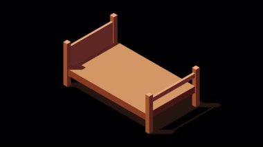 Isome tahta yatak animasyonu. 3 boyutlu izometrik yatak. Tahta yatak çerçevesi. Isometric yatak odası mobilyası. Isometric mobilya. Alfa kanalı ile şeffaf arkaplan
