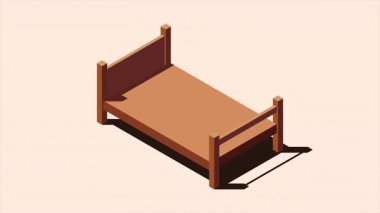 Yatak animasyonlu tahtadan bir yatak. 3 boyutlu izometrik yatak. Yatak ve yastıklı tahta yatak çerçevesi. Isometric yatak odası mobilyası. 4K video eşölçülü olarak canlandırıldı