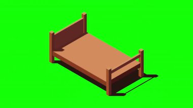Yatak animasyonlu tahtadan bir yatak. 3 boyutlu izometrik yatak. Yatağı, yastığı ve battaniyesi olan tahta bir yatak çerçevesi. Isometric yatak odası mobilyası. 4K video eşölçülü olarak canlandırıldı
