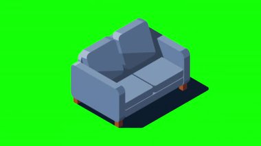 Isometric kanepe animasyonu. Modern kanepe. Rahat ve rahat yumuşak mobilyalar. Isometric ev mobilyası. Oturma odası mobilyası. 4K video eşölçülü olarak canlandırıldı