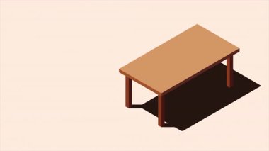 Isometric masa animasyonu. Tahta masa. Modern masa. Isometric ev mobilyası. Oturma odası mobilyası. 4K video eşölçülü olarak canlandırıldı