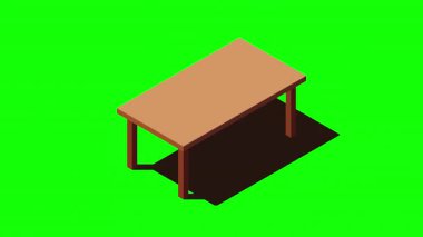 Isometric masa animasyonu. Tahta masa. Modern masa. Isometric ev mobilyası. Oturma odası mobilyası. 4K video eşölçülü olarak canlandırıldı