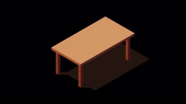Isometric masa animasyonu. Tahta masa. Modern masa. Isometric ev mobilyası. Oturma odası mobilyası. Alfa kanalı ile şeffaf arkaplan