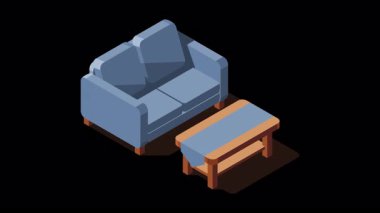 Masa animasyonlu Isometric kanepe. Modern kanepe. Rahat ve rahat yumuşak mobilyalar. Isometric ev mobilyası. Oturma odası mobilyası. Alfa kanalı ile şeffaf arkaplan
