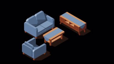 Isometric oturma odası animasyonu. Oturma odasının içi. Oda kanepe, masa, televizyon, bitkiler ve diğer mobilyaları içeriyor. Isometric ev mobilyası. Alfa kanalı ile şeffaf arkaplan