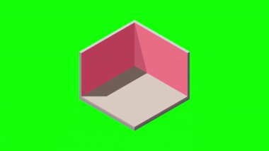 Kapı ve pencere animasyonlu Isometric boş oda. Isome 'ın özel odası. Mobilyasız bir oda. Kare alan. 4K video eşölçülü olarak canlandırıldı