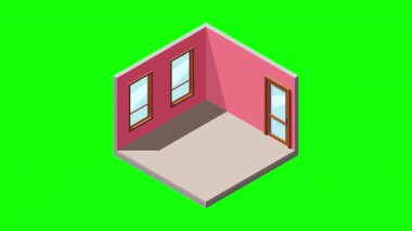 Isometric oturma odası animasyonu. Oturma odasının içi. Televizyon, kanepe, masa ve diğer oturma odası ekipmanları. Isometric ev mobilyası. Isome 'ın özel odası. 4K video eşölçülü olarak canlandırıldı