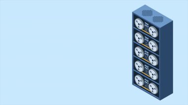 Sunucu rafı animasyonu. Isometric sunucusu. Sunucu ağı ekipmanları. Bilgisayar ağı teknolojisi. Isometric teknolojisi. 4K video eşölçülü olarak canlandırıldı