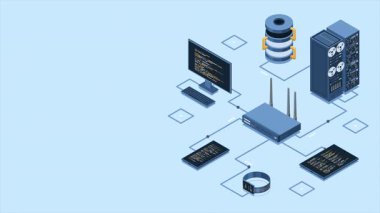 Isometric ağ yönlendirici animasyonu. Yönlendirici, bilgisayar, akıllı telefon ve sunucu bağlantısı olan Isometric ağ konsepti. Isometric teknolojisi. 4K video eşölçülü olarak canlandırıldı