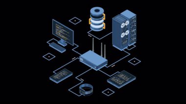Isometric ağ yönlendirici animasyonu. Yönlendirici, bilgisayar, akıllı telefon ve sunucu bağlantısı olan Isometric ağ konsepti. Isometric teknolojisi. Alfa kanalı ile şeffaf arkaplan