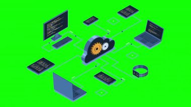 Isometric bulut teknolojisi animasyon hesaplıyor. Bilgisayarı, bilgisayarı, tableti ve akıllı telefonu olan Isometric ağı. Isometric teknolojisi. 4K video eşölçülü olarak canlandırıldı
