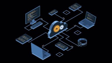 Isometric bulut teknolojisi animasyon hesaplıyor. Bilgisayarı, bilgisayarı, tableti ve akıllı telefonu olan Isometric ağı. Isometric teknolojisi. Alfa kanalı ile şeffaf arkaplan