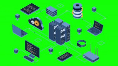 Sunucu animasyonu ile Isometric bulut teknolojisi. Isometric sunucusu ve depolama teknolojisi. Web sunucu konsepti. Isometric teknolojisi. 4K video eşölçülü olarak canlandırıldı