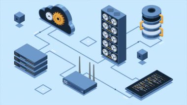 Sunucu animasyonu ile Isometric bulut teknolojisi. Isometric sunucusu ve depolama teknolojisi. Web sunucu konsepti. Isometric teknolojisi. 4K video eşölçülü olarak canlandırıldı