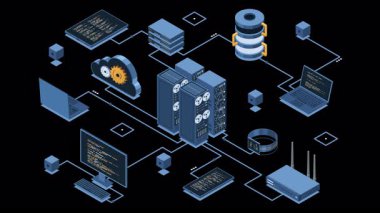 Sunucu animasyonu ile Isometric bulut teknolojisi. Isometric sunucusu ve depolama teknolojisi. Web sunucu konsepti. Isometric teknolojisi. Alfa kanalı ile şeffaf arkaplan